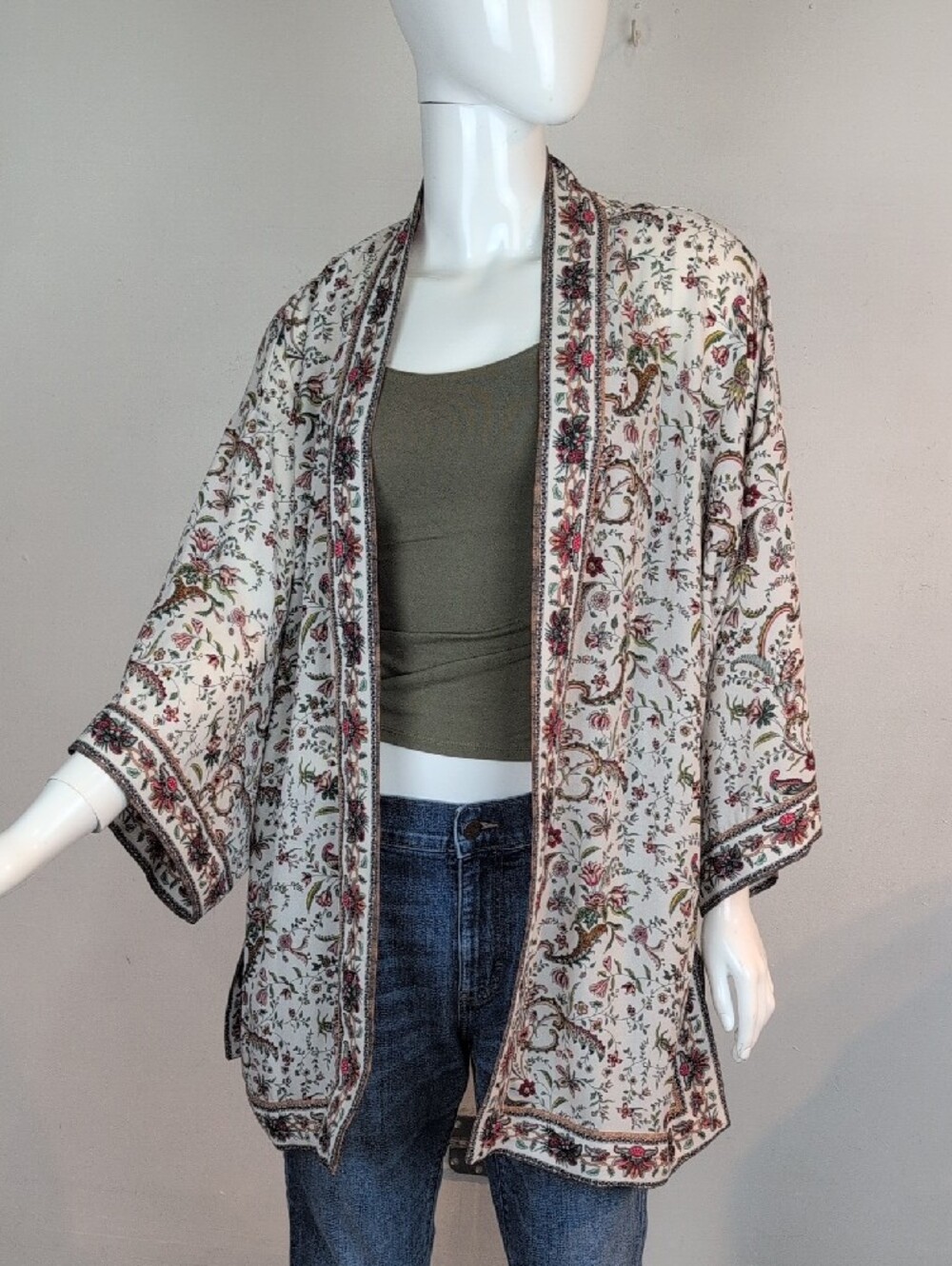 Max Studio Floral Print Open-Front Kimono Jacket Sz L - Cream